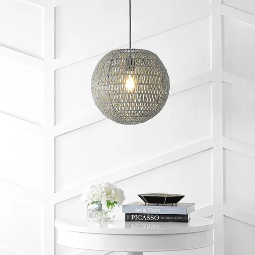 Miniatura 4 de JONATHAN Y Lámpara colgante LED tejida bohemia moderna de 16 pulgadas, color gris/negro, lámpara de techo colgante ajustable para isla de cocina