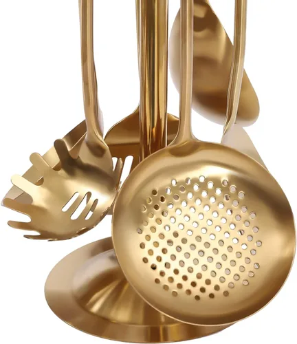 Miniatura 8 de Juego de utensilios de cocina dorados de 7 piezas con soporte, utensilios de cocina de acero inoxidable, herramientas de cocina de metal, juego