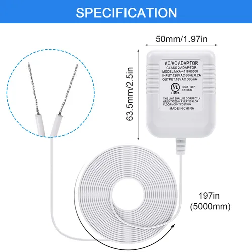 Miniatura 3 de Hotop Adaptador de corriente compatible con timbre Nest Hello Video, Arlo y Eufy, transformador de 18 voltios 500 mA certificado UL con cable