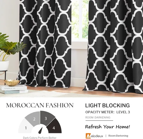 Miniatura 5 de Melodieux Cortinas opacas con ojales para oscurecer la habitación con estampado marroquí para ventanas pequeñas, 42 x 45 pulgadas, color negro