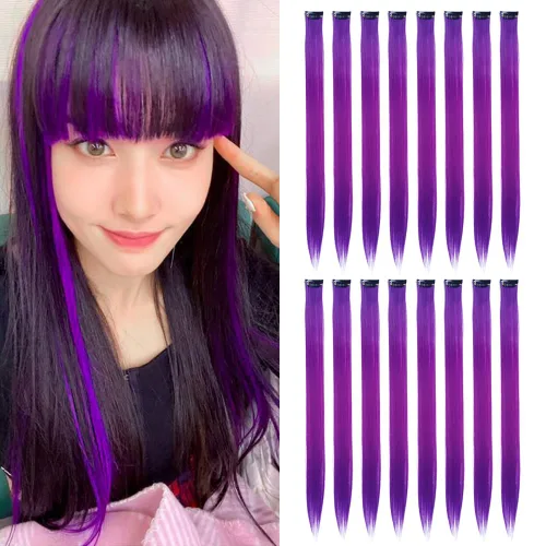 Miniatura 8 de 16 piezas de extensiones de cabello con clip de color púrpura, varios colores, para fiestas, clip en postizo sintético, para Halloween, cosplay