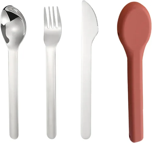 Miniatura 8 de Juego de utensilios de acero inoxidable con funda de silicona, cuchara, tenedor y cuchillo, diseño portátil para viajes, escuela, trabajo y Gris