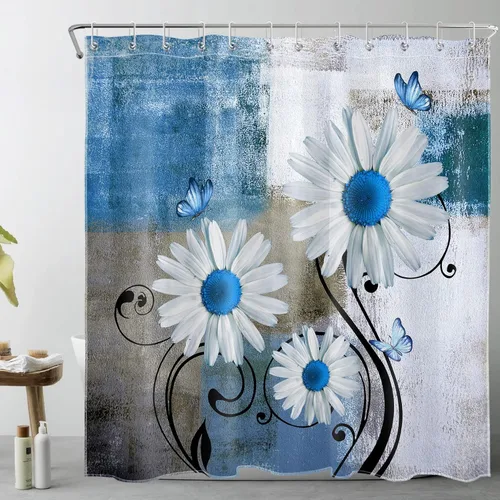 Miniatura 19 de Cortina de ducha floral con margaritas azules, flores blancas y mariposas en tela moderna abstracta geométrica gris para baño, 10 ganchos, 48 x 72