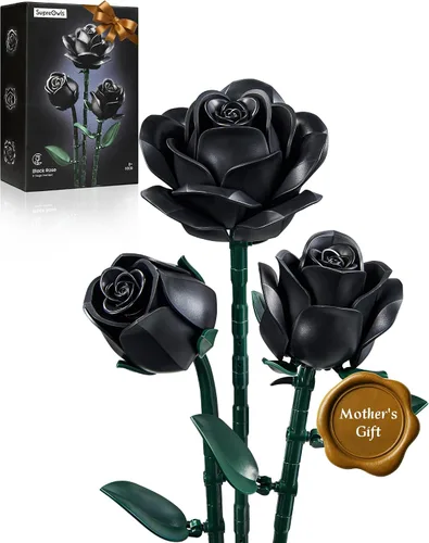 iATOM Juego de construcción de flores de rosas negras, paquete de 3, regalo para el día de la madre, ella, novia, esposa, pareja, gótico, emo,