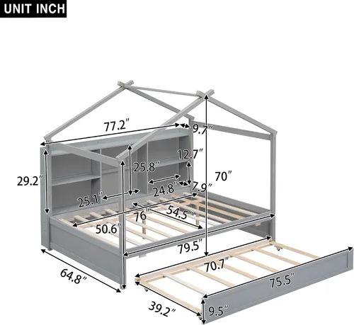 Miniatura 3 de Quarte Cama moderna de tamaño matrimonial con estantes de almacenamiento y cama nido de tamaño individual, sofá cama de madera para niños y niñas
