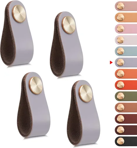 Miniatura 19 de Paquete de 4 tiradores de cuero para cajones, color beige, pomos de puerta de armario de 3.7 pulgadas, tiradores de piel sintética para tocador
