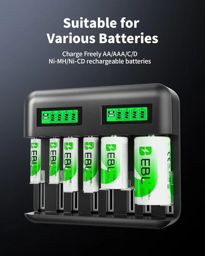 Miniatura 3 de EBL Paquete de 4 baterías recargables D de 1.2 V 10000 mAh de alta capacidad con cargador de batería inteligente LCD para baterías recargables Ni-MH