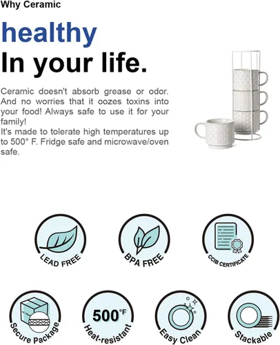 Miniatura 6 de LE TAUCI Juego de tazas de café apilables con soporte, tazas de espresso de cerámica para Au Lait, capuchino, café con leche, café, moca, té
