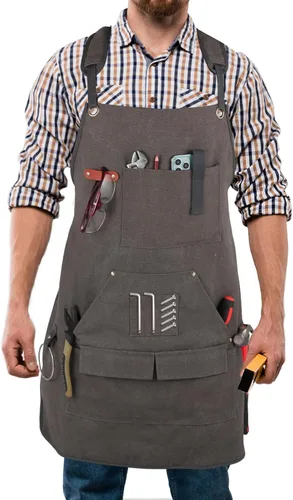 Miniatura 8 de Delantal de herramientas multifuncional para hombre, delantal de lona con múltiples bolsillos, soldadura, delantal de trabajo de carpintería, Gris