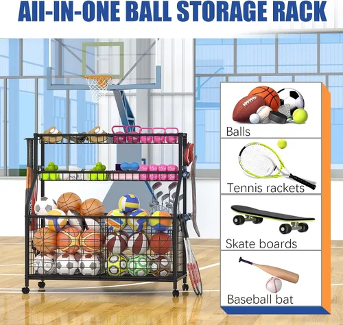 Miniatura 5 de Estante de almacenamiento de bolas, carrito organizador de equipo deportivo grande para garaje, gimnasio en casa, almacenamiento de equipo deportivo