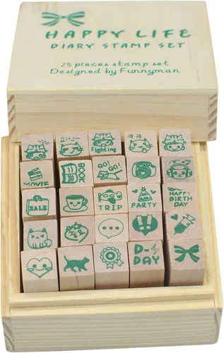 Paquete de 25 sellos pequeños de goma de madera en forma de vida feliz verde con caja para tarjetas de manualidades y álbum de fotos (verde)