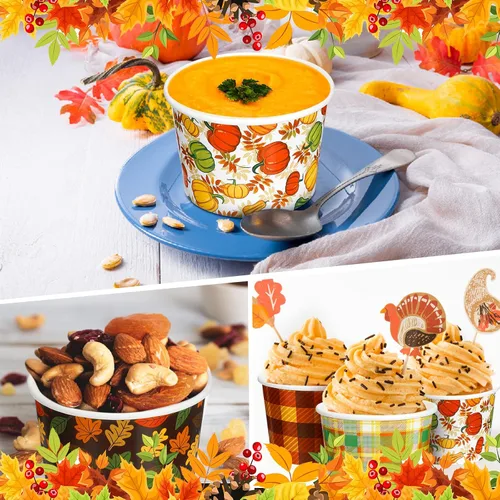 Miniatura 5 de Uiifan 200 cuencos de papel de otoño de 9 onzas, cuencos desechables de Acción de Gracias, hojas de otoño, tazones de calabaza, cuencos de postre
