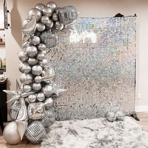 Miniatura 5 de EMART Telón de fondo de pared brillante plateado con lentejuelas, decoración de fondo de fotos para fiestas, cumpleaños, bodas, 12