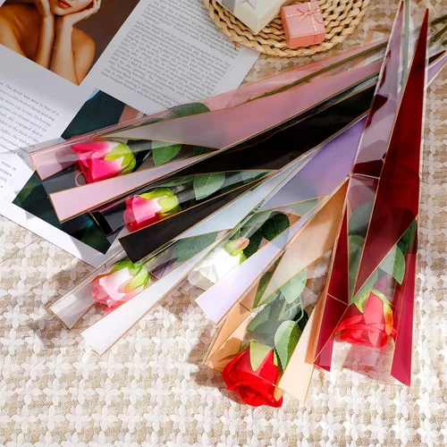 Miniatura 4 de Geyee 300 bolsas de envoltura de una sola flor con manga de rosa, bolsa de celofán floral de plástico impermeable para suministros de bar floral