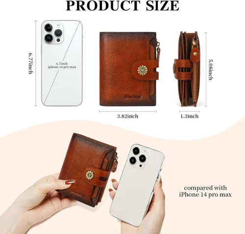 Miniatura 4 de Cartera de cuero con doble pliegue para mujer, bloqueo RFID, tarjetero compacto, cartera pequeña con ventana para identificación extraíble, A1