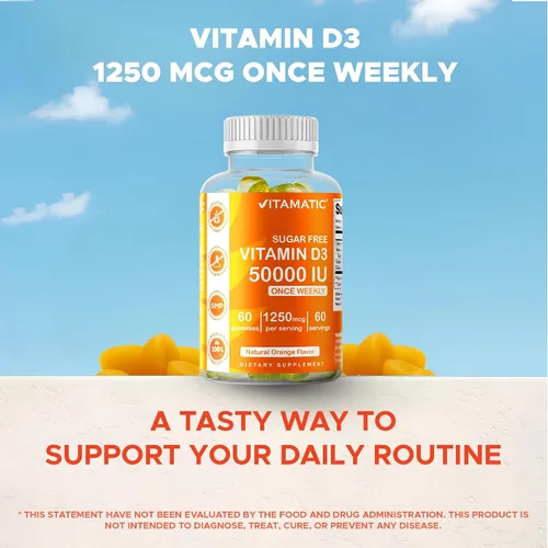 Miniatura 6 de Vitamatic Suplemento semanal de vitamina D3 sin azúcar de 50,000 UI - 60 gomitas a base de pectina Vitamina D de alta potencia para huesos, dientes