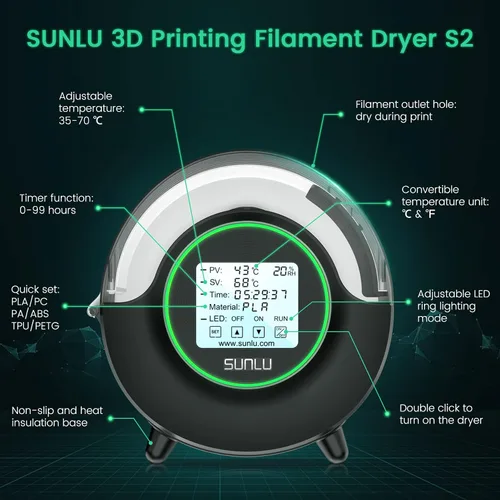 Miniatura 5 de SUNLU Caja secadora oficial de filamentos S2, temperatura máxima de 70℃, ventilador de circulación incorporado, caja de almacenamiento de filamentos