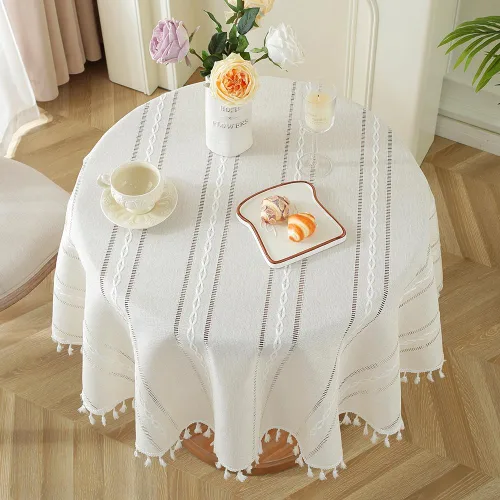 Miniatura 14 de meioro Mantel rústico, mantel rectangular de algodón texturizado de lino con borla, mantel de tela resistente para granja con bordado de rayas