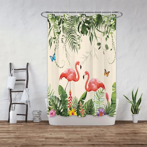EOBTAIN Cortina de ducha de hojas de plantas tropicales para baño, flamenco rosa y mariposa azul con hojas de palma en beige, cortina de ducha con 8