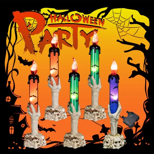 Miniatura 3 de Hourleey Decoraciones de Halloween, paquete de 5 velas de calavera con estacas, funciona con pilas, impermeable, decoración de camino