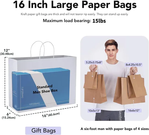 GSSUSA Bolsas de regalo de papel grandes de 16 x 6 x 12 pulgadas, 25 bolsas de papel blanco con asas, bolsa de compras para pequeñas empresas, papel