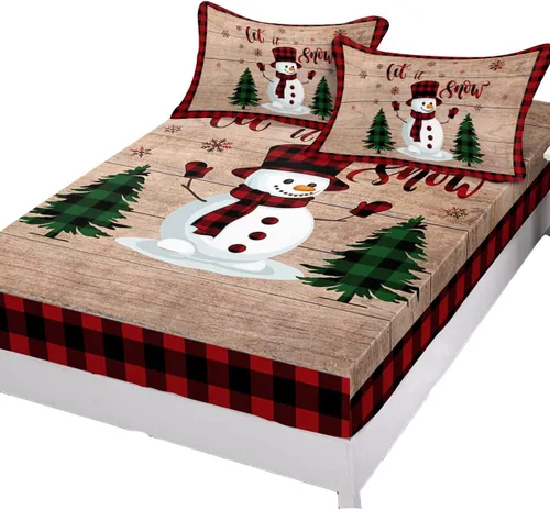 Miniatura 3 de Juego de sábanas con diseño de muñeco de nieve y árbol navideño para cama tamaño queen, 3 piezas - Sábanas con bolsillo profundo que se ajustan a