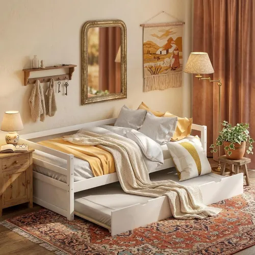Merax Sofá cama tamaño individual con nido, marco de sofá cama de madera maciza, color blanco