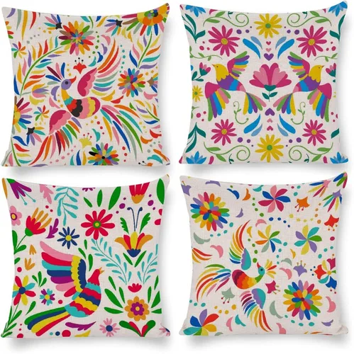 Juego de 4 fundas de almohada coloridas mexicanas de 18 x 18 pulgadas, fundas de almohada florales de pájaros, fundas de cojín decorativas étnicas