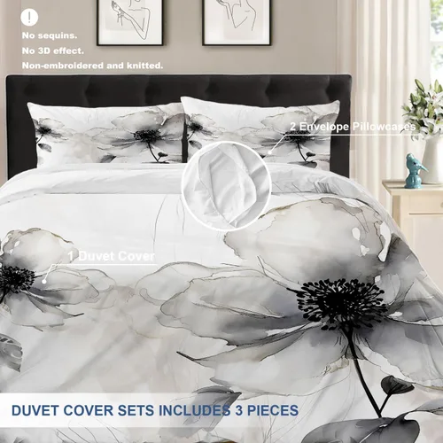 Miniatura 6 de Batmerry Flowers Watercolor Twin Size 3 Pieces Bedding Duvet Cover Sets, Soft Fluffy Elegant Black White Flower Painting 100% Cotton Printed Duvet