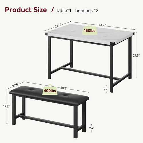 Miniatura 7 de IDEALHOUSE Juego de mesa de comedor para 4, mesa de cocina con 2 bancos tapizados, juego de mesa de comedor rectangular, juego de mesa de cocina