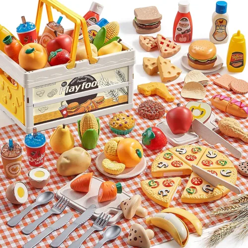 Miniatura 8 de Juegos de comida de juguete para la cocina de los niños, juguetes de comida de simulación de paja de trigo con cesta de picnic para niños y manta
