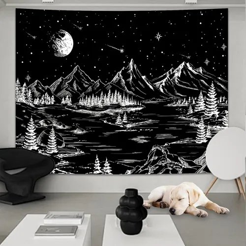 Miniatura 7 de Apdidl Tapiz en blanco y negro de noche estrellada, tapices de montaña para dormitorio, tapiz estético de luna y estrellas, tapiz de pared