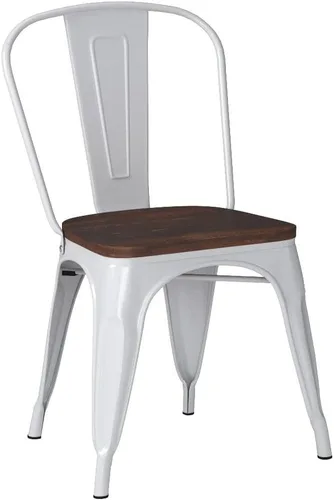 Miniatura 5 de COSTWAY Tolix - Sillas de comedor estilo industrial, apilables, de metal, con asiento de madera, juego de 4 (color blanco y marrón)