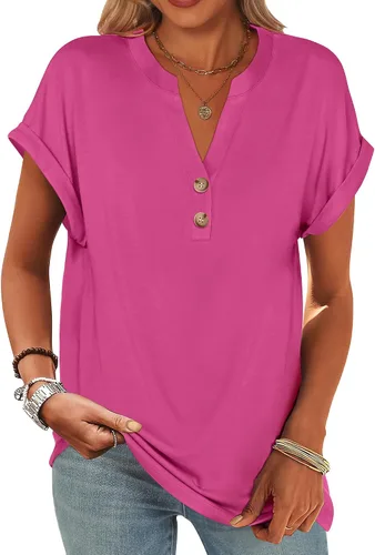 Miniatura 27 de ANRABESS - Camisetas Henley de manga corta para mujer, cuello en V, elegantes, estilo informal, de corte suelto; blusas fluidas de verano, ropa