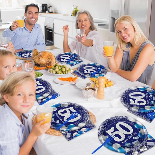 Miniatura 5 de 96 piezas de suministros para fiesta de cumpleaños número 50: platos azul marino y plateado, servilletas, tenedores y decoraciones de mesa para 24