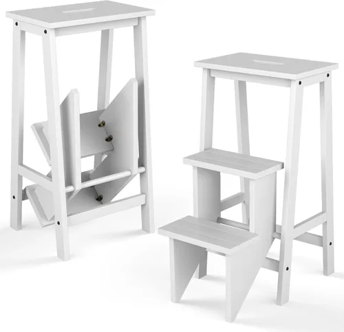 Miniatura 12 de Giantex Escalera plegable de 3 niveles, taburete de madera multifuncional 3 en 1, escalera de exhibición y estante de almacenamiento para Marrón