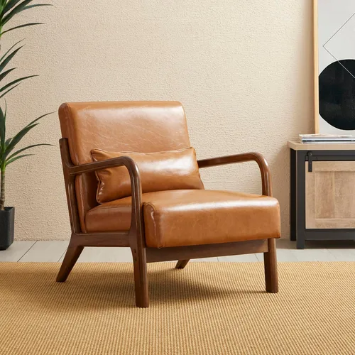 Miniatura 13 de Glitzhome Sillón Accent de mediados de siglo en verde cazador, sillón de lectura individual de cuero PU con marco de nogal y ruberwood Pu verde.