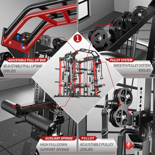 Miniatura 5 de Máquina Smith con sistema de cruce de cables, jaula de potencia multifunción para sentadillas y rack de potencia para gimnasio en casa, rack de Negro