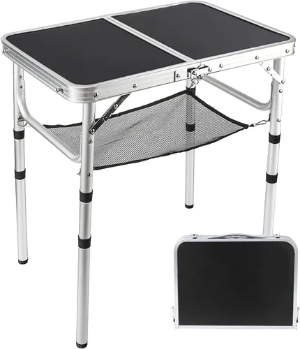 Miniatura 8 de YUFIFAIRY Mesa plegable pequeña de 2 pies, mesa de campamento portátil con soportes de malla, altura ajustable de aluminio ligero, con asa