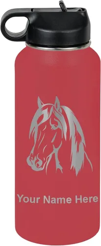 Miniatura 36 de LaserGram Botella de agua personalizada, cabeza de caballo 1, acero inoxidable de doble pared aislada al vacío con popote superior, regalo grabado