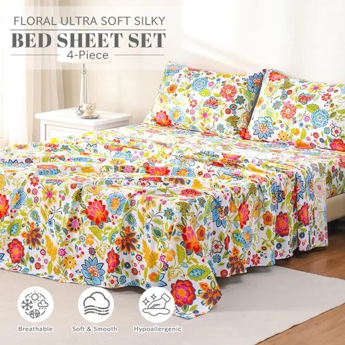 Miniatura 2 de Bedlifes - Juego de sábanas King ultrasuave, transpirable, con bolsillo profundo de flores sedosas, 100% microfibra, 4 piezas, tamaño King con Flor