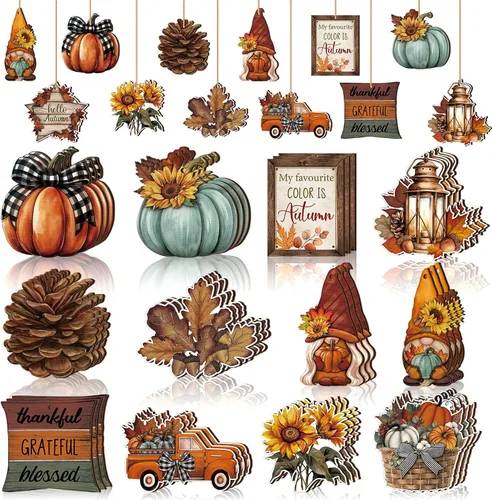 Miniatura 12 de FairySandy 36 piezas de decoración y adornos de árbol de otoño, gnomos de Acción de Gracias, adornos colgantes de madera, calabazas, hojas, flores
