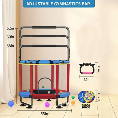 Miniatura 4 de Trampolín para niños, cama elástica completa antioxidante de 440 libras para interiores y exteriores con red, trampolín ajustable de 55 pulgadas