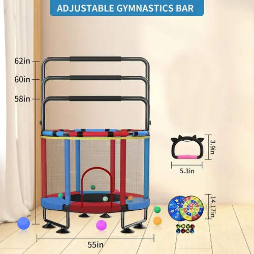 Miniatura 4 de Trampolín para niños, cama elástica completa antioxidante de 440 libras para interiores y exteriores con red, trampolín ajustable de 55 pulgadas