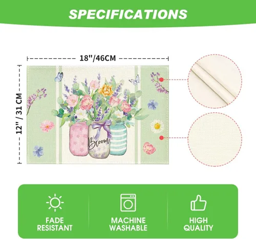 Miniatura 6 de Artoid Mode Bloom Vase - Juego de 4 manteles individuales florales de primavera de 12 x 18 pulgadas para decoración de fiestas, cocina, comedor