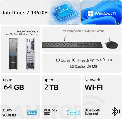 Miniatura 2 de Lenovo ThinkCentre - Escritorio empresarial de factor de forma pequeño, Intel Core i7-13620H de 13ª generación, memoria DDR5 de 64 GB, SSD de 2 TB