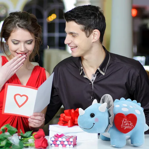 Miniatura 5 de Syhood Dinosaurio de peluche Love You de 12 pulgadas con corazón rojo, lindos animales de peluche para novia, juguetes de peluche de dinosaurio azul