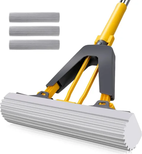 Masthome Trapeador de esponja, mopa de esponja con rodillo con 3 recambios absorbentes de PVA, mopas de esponja autoexprimibles y mango de acero