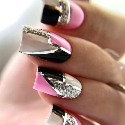Miniatura 18 de 24 uñas postizas cuadradas de color negro brillante, de cobertura completa, con diseños de notas musicales, uñas postizas acrílicas con pegamento