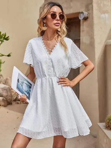 Miniatura 4 de Floerns - Mini vestido de encaje con cuello en V y manga corta para mujer